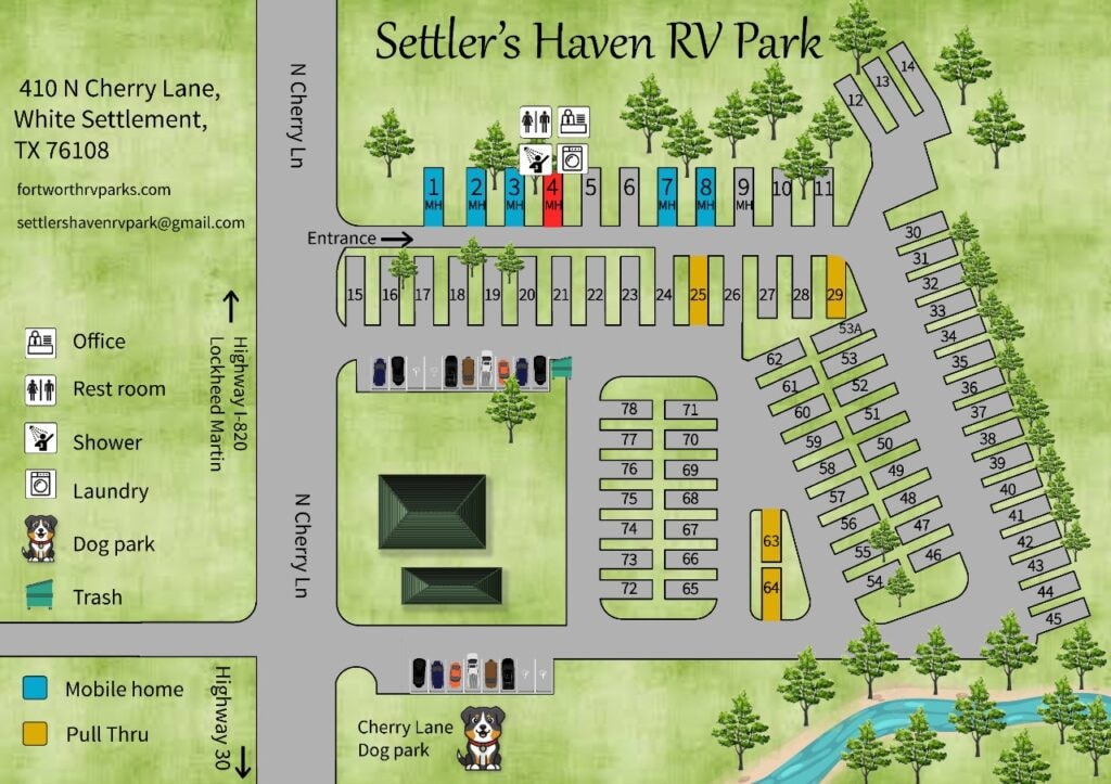 Settlers Haven RV Park site map showing lot layout in White Settlement TX